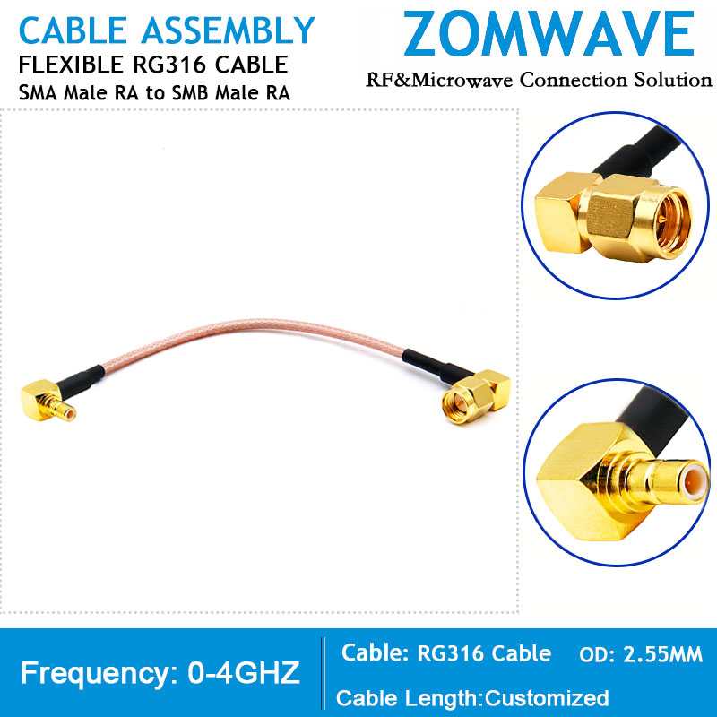 SMA Male Right Angle to SMB Male Right Angle, RG316 Cable, 4GHz