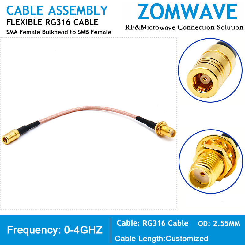 SMA Female Bulkhead to SMB Female, RG316 Cable, 4GHz