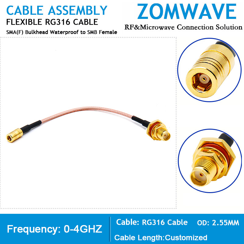SMA Female Bulkhead Waterproof to SMB Female, RG316 Cable, 4GHz