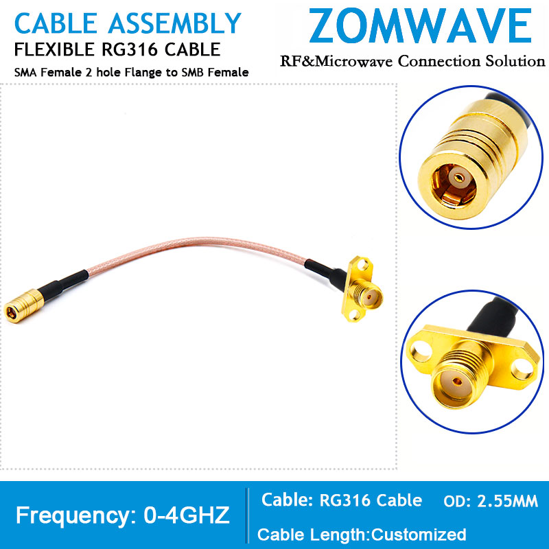 SMA Female 2 hole Flange to SMB Female, RG316 Cable, 4GHz