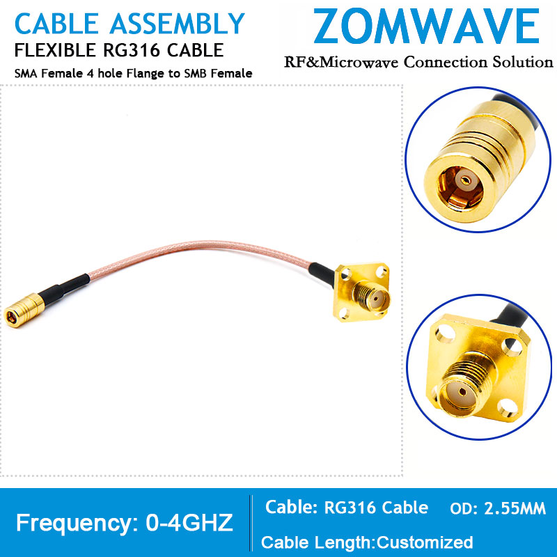 SMA Female 4 hole Flange to SMB Female, RG316 Cable, 4GHz