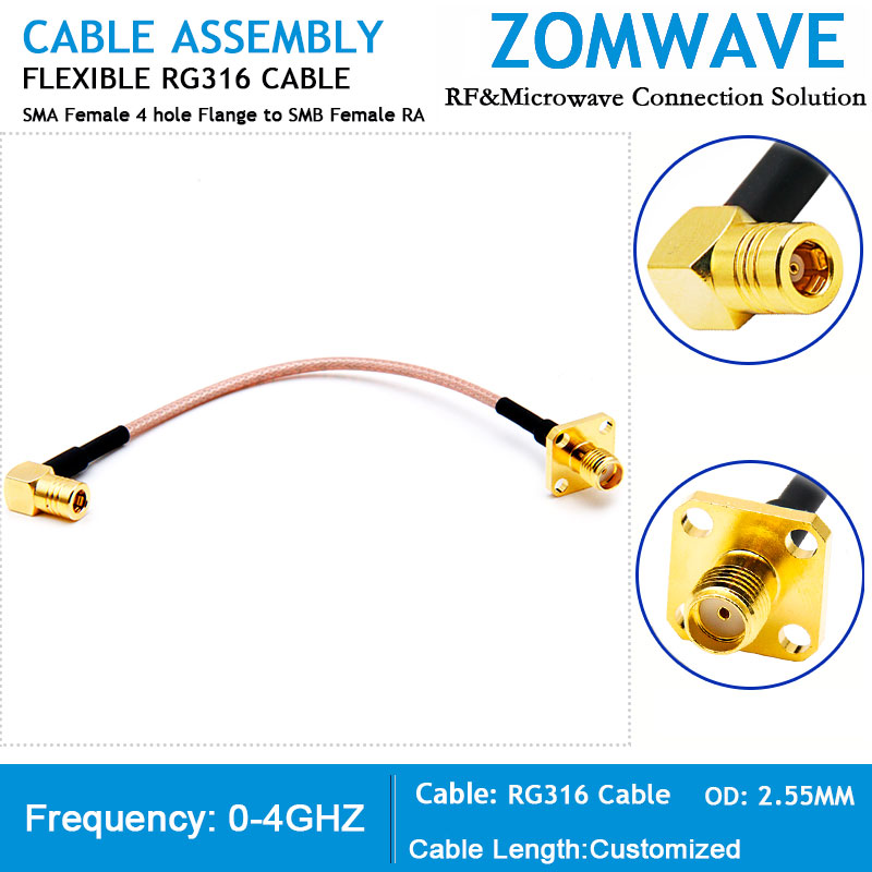 SMA Female 4 hole Flange to SMB Female Right Angle, RG316 Cable, 4GHz