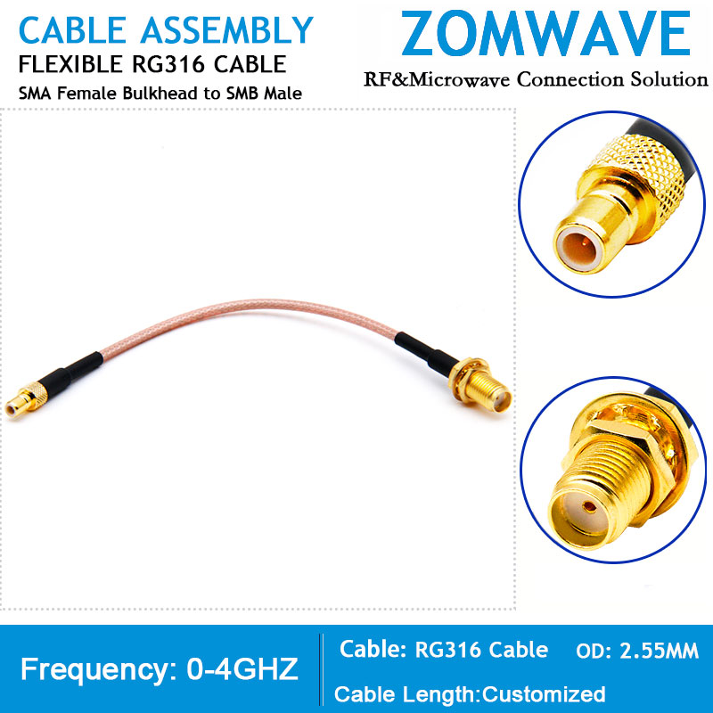 SMA Female Bulkhead to SMB Male, RG316 Cable, 4GHz