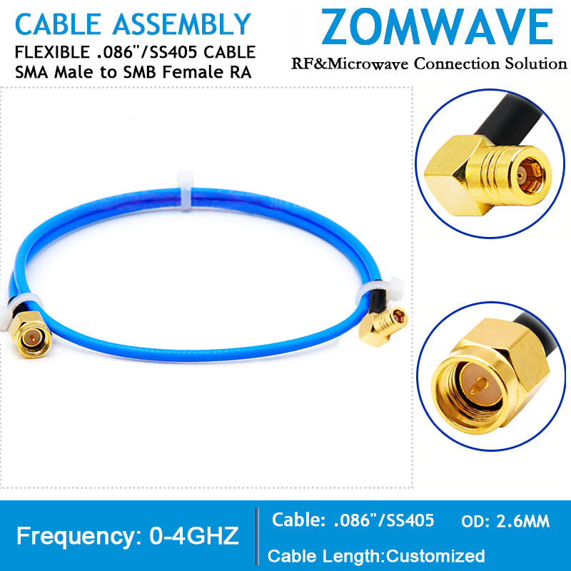 SMA Male to SMB Female Right Angle, Flexible .086''_SS405 Cable, 4GHz