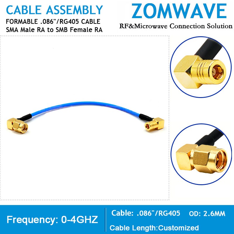 SMA Male Right Angle to SMB Female Right Angle, Formable .086''_RG405 Cable, 4GH