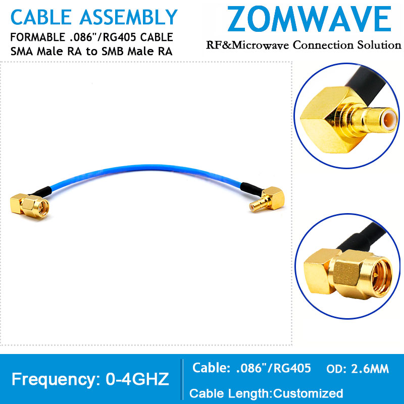SMA Male Right Angle to SMB Male Right Angle, Formable .086''_RG405 Cable, 4GHz