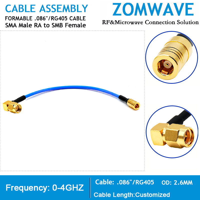 SMA Male Right Angle to SMB Female, Formable .086''_RG405 Cable, 4GHz
