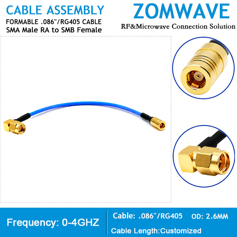 SMA Male Right Angle to SMB Female, Formable .086 _RG405 Cable, 4GHz