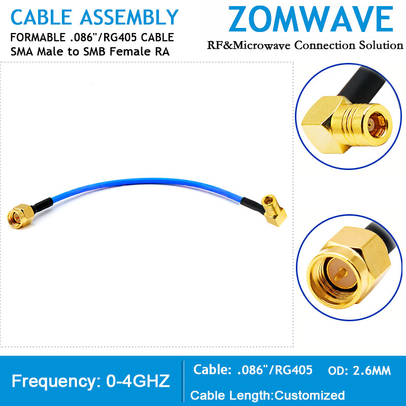 SMA Male to SMB Female Right Angle, Formable .086 _RG405 Cable, 4GHz