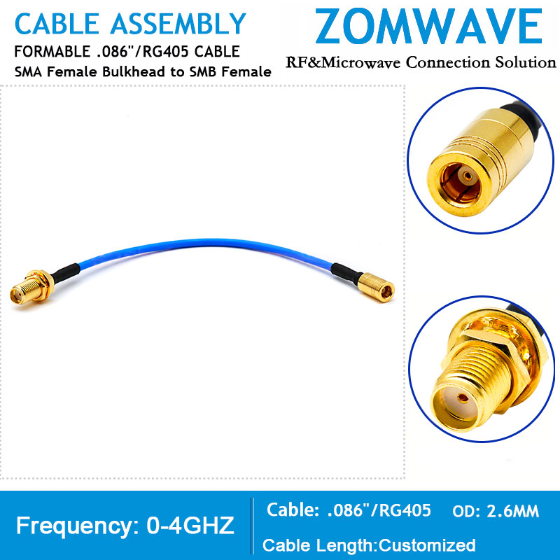 SMA Female Bulkhead to SMB Female, Formable .086''_RG405 Cable, 4GHz