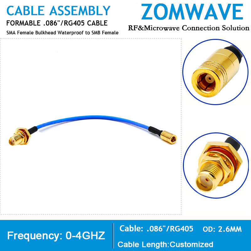 SMA Female Bulkhead Waterproof to SMB Female, Formable .086''_RG405 Cable, 4GHz