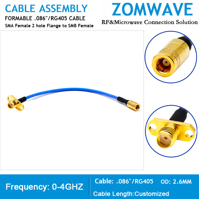 SMA Female 2 hole Flange to SMB Female, Formable .086''_RG405 Cable, 4GHz