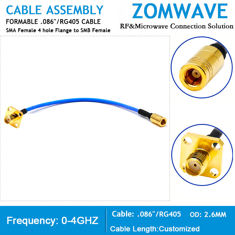 SMA Female 4 hole Flange to SMB Female, Formable .086 _RG405 Cable, 4GHz