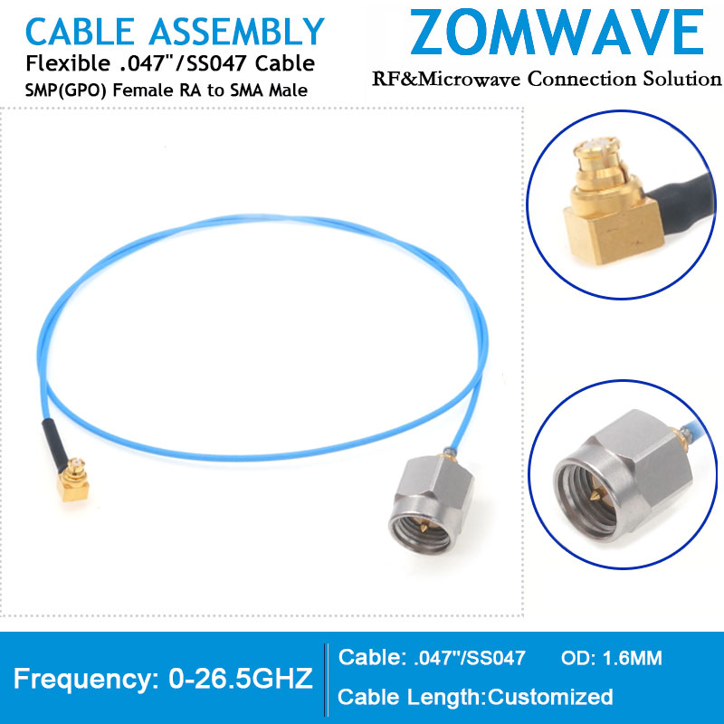 SMP(GPO) Female Right Angle to SMA Male, Flexible .047 /SS047 Cable, 26.5GHz