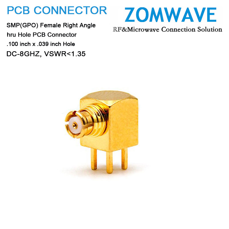 SMP(GPO) Female RA Thru Hole PCB Connector, .100 inch x .039 inch Hole, 8G