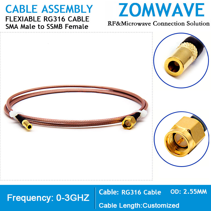 SMA Male to SSMB Female, RG316 Cable, 3GHz