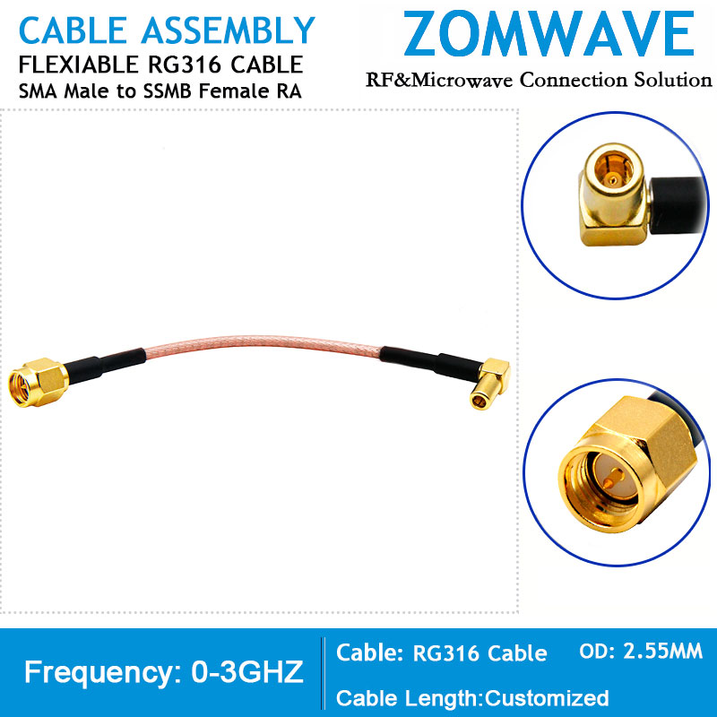 SMA Male to SSMB Female Right Angle, RG316 Cable, 3GHz