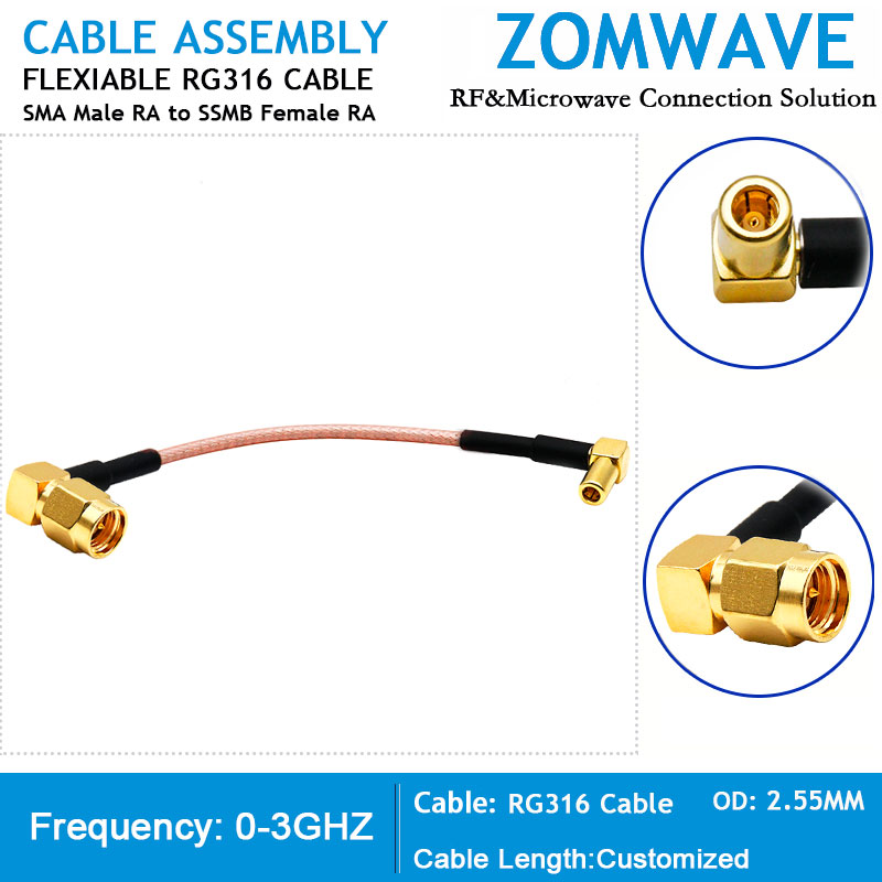 SMA Male Right Angle to SSMB Female Right Angle, RG316 Cable, 3GHz