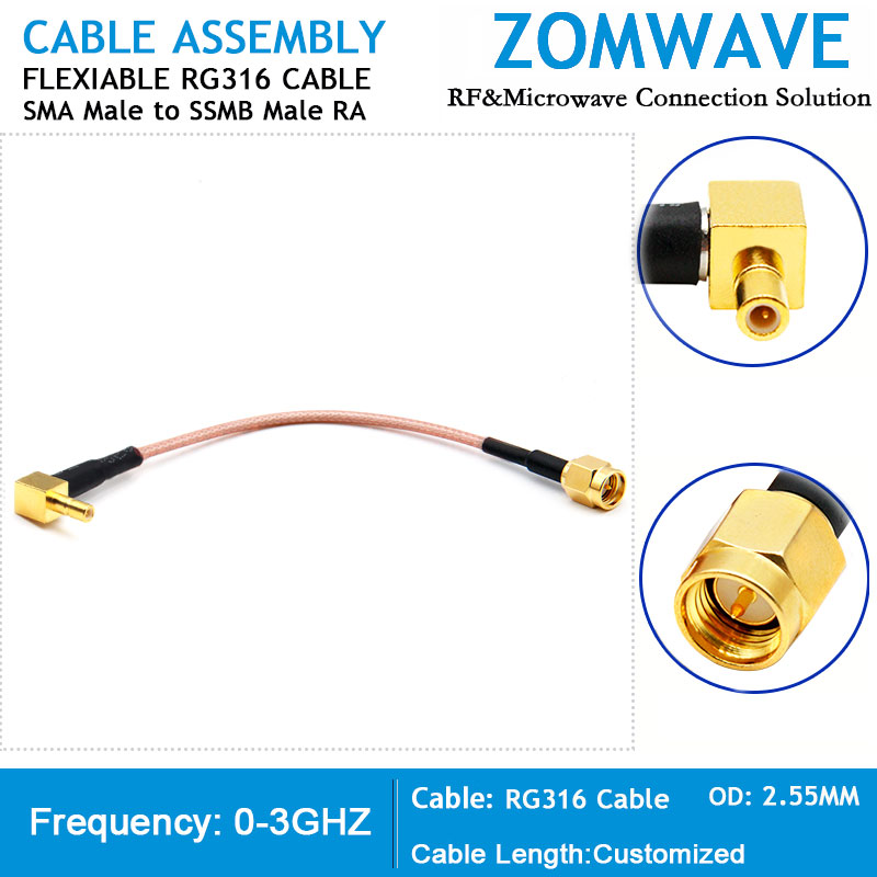SMA Male to SSMB Male Right Angle, RG316 Cable, 3GHz