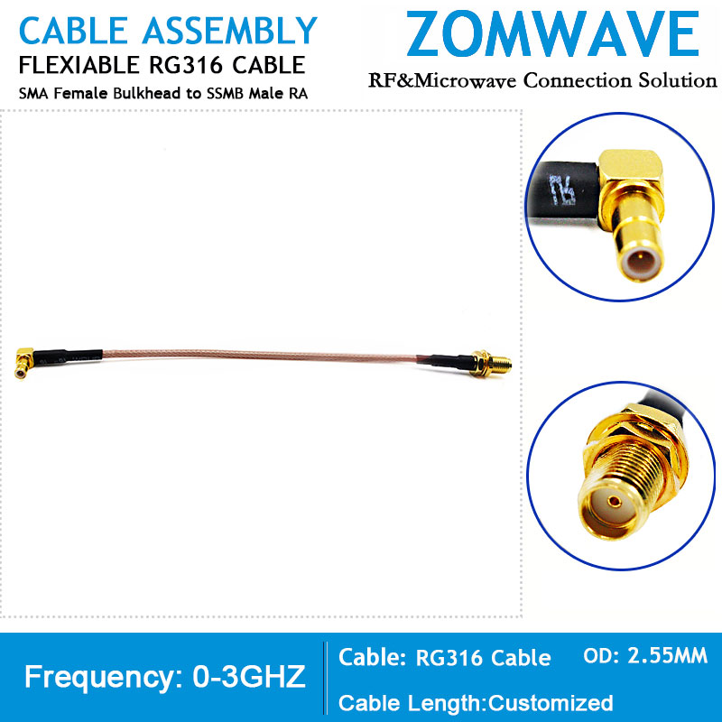 SMA Female Bulkhead to SSMB Male Right Angle, RG316 Cable, 3GHz