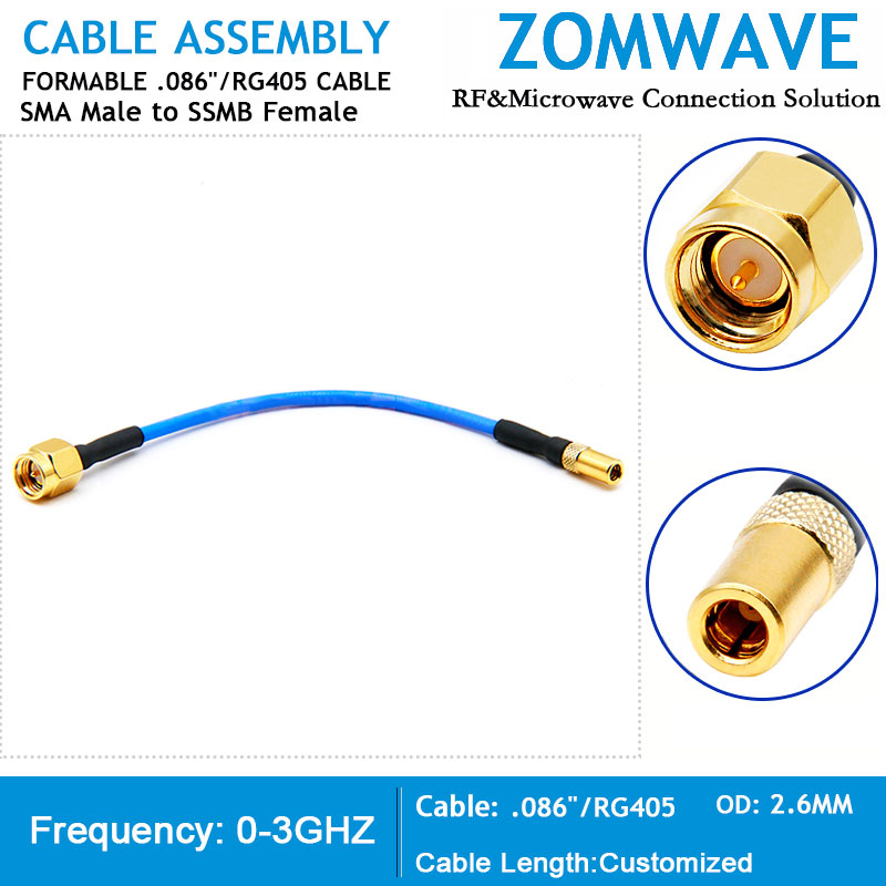 SMA Male to SSMB Female, Formable .086''_RG405 Cable, 3GHz