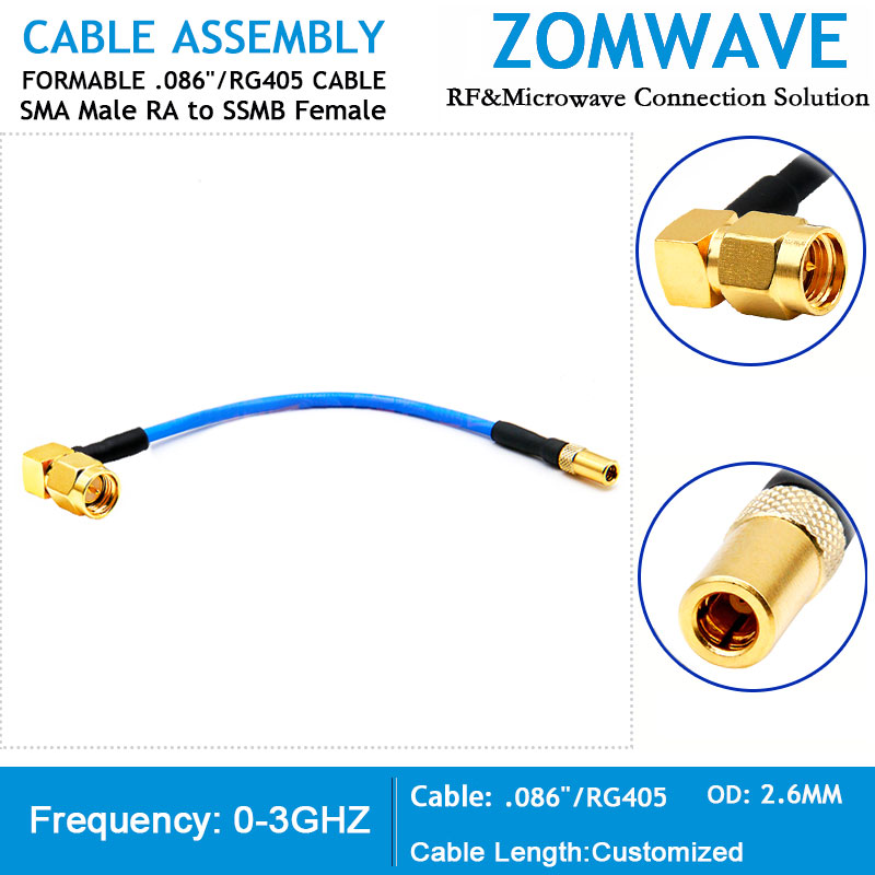 SMA Male Right Angle to SSMB Female, Formable .086''_RG405 Cable, 3GHz