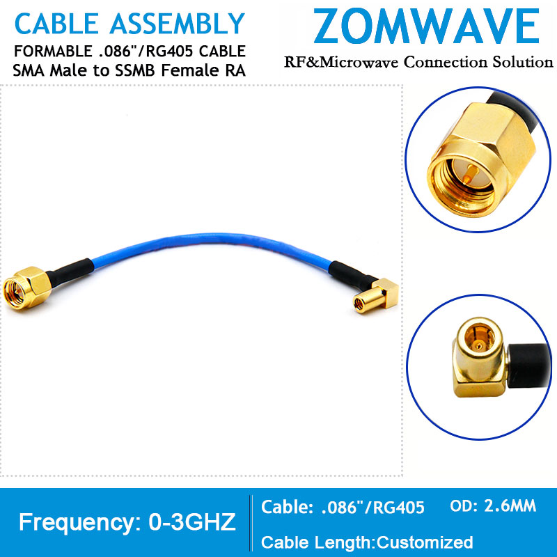 SMA Male to SSMB Female Right Angle, Formable .086''_RG405 Cable, 3GHz