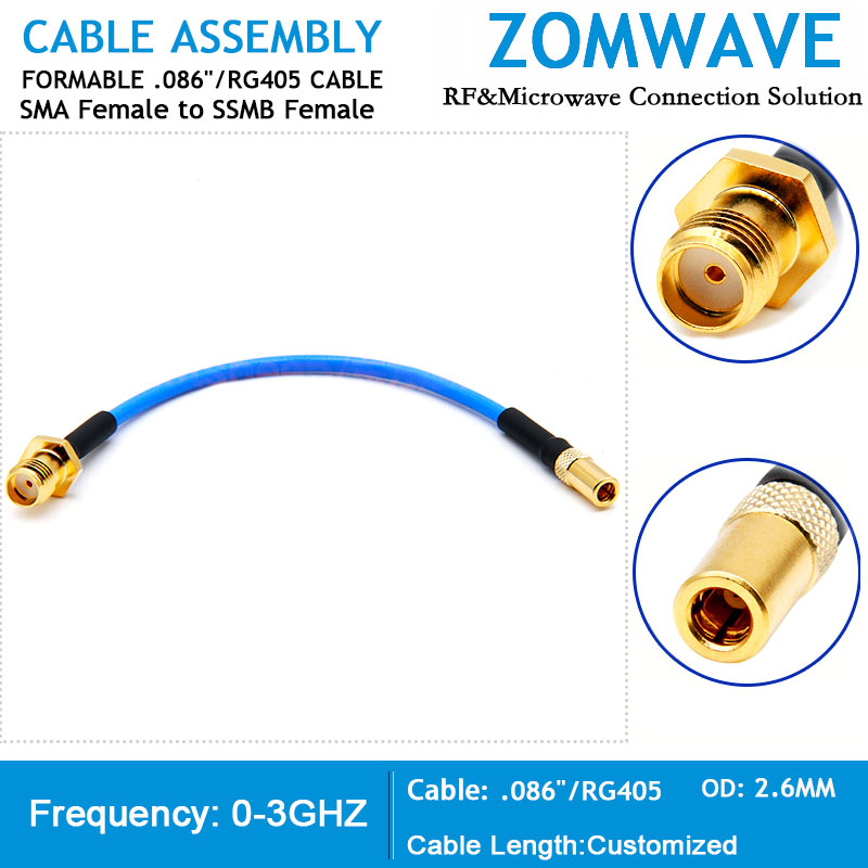 SMA Female to SSMB Female, Formable .086''_RG405 Cable, 3GHz