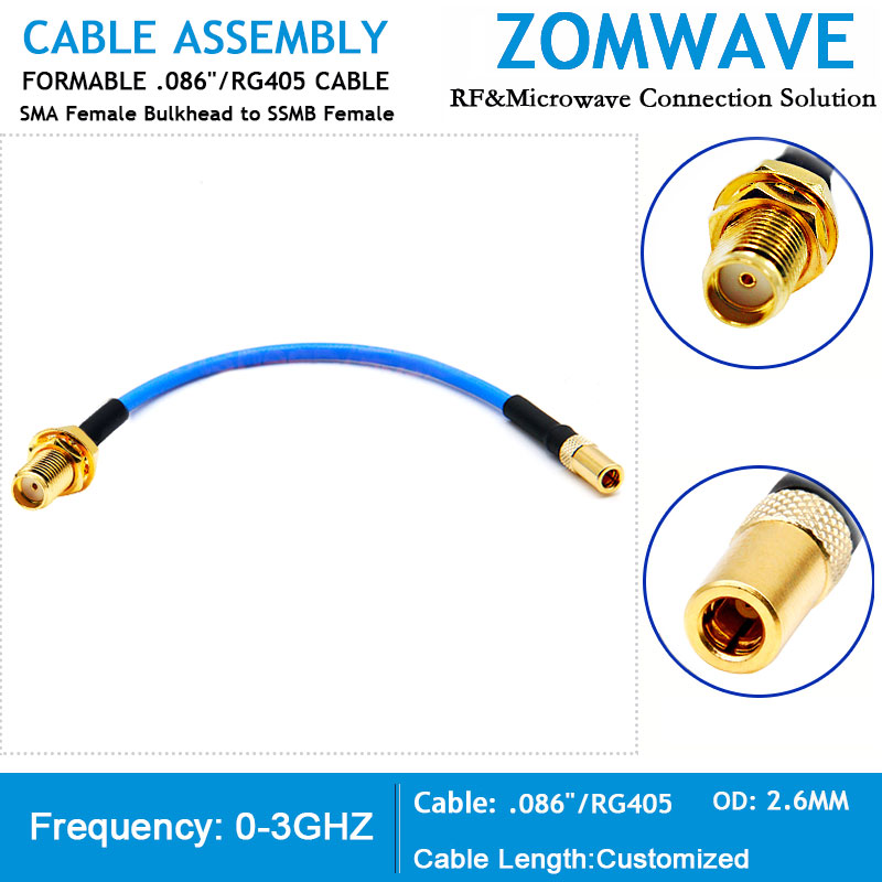 SMA Female Bulkhead to SSMB Female, Formable .086 _RG405 Cable, 3GHz