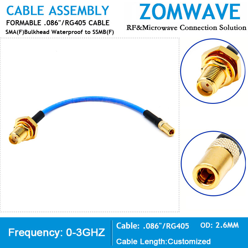 SMA Female Bulkhead Waterproof to SSMB Female, Formable .086''_RG405 Cable, 3GHZ