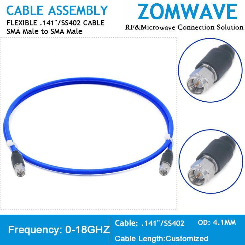 SMA Male to SMA Male,Stainless Steel Connector, Flexible .141''/SS402 Cable, 18G