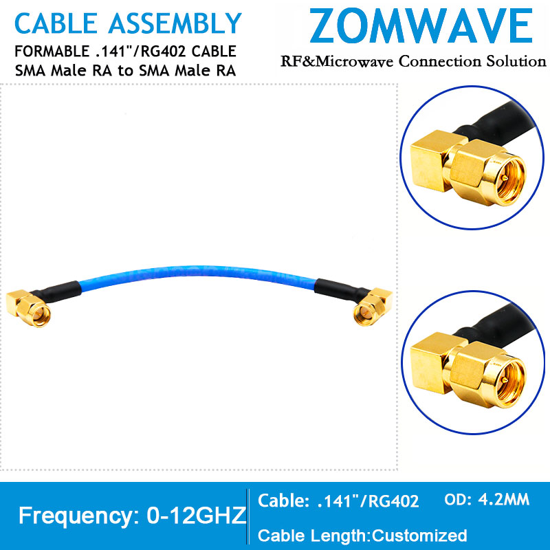  SMA Male Right Angle to SMA Male Right Angle, Formable .141''RG402 Cable, 12G
