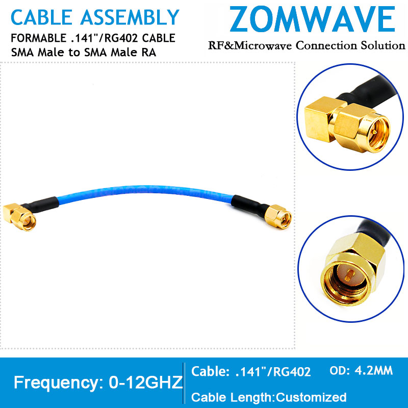 SMA Male Straight to SMA Male Right Angle, Formable .141''RG402 Cable, 12GHz