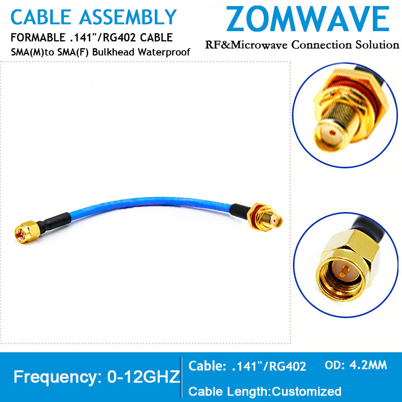 SMA Male to SMA Female Bulkhead Waterproof, Formable .141''/RG402 Cable, 12GHz