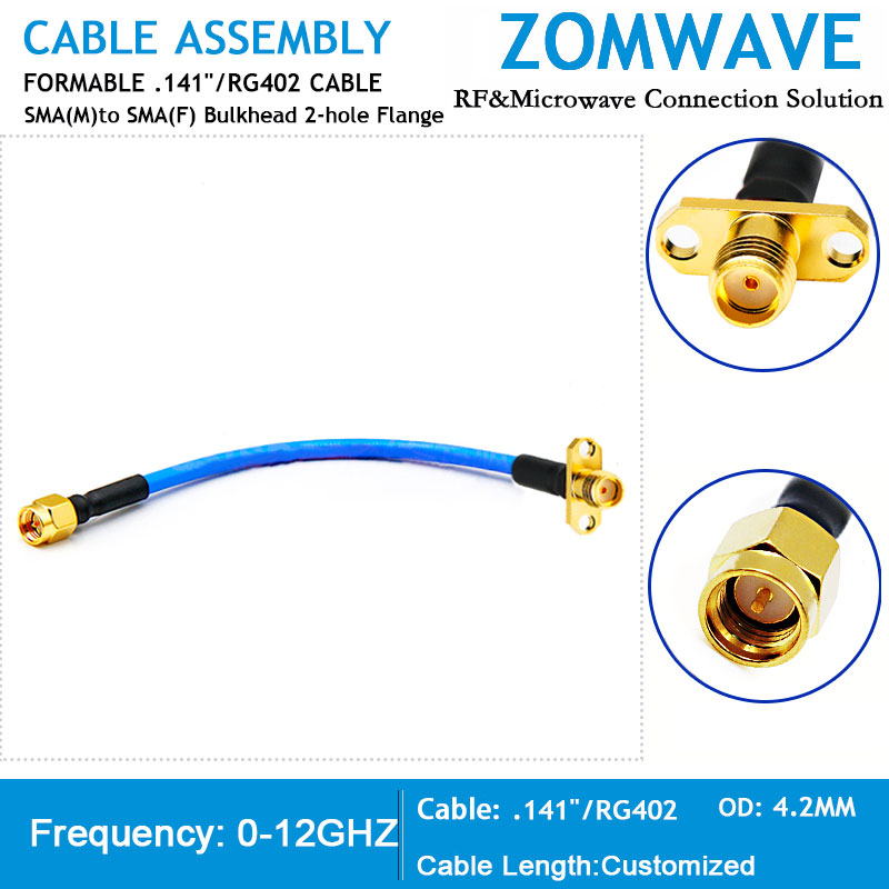 SMA Male to SMA Female Bulkhead 2-hole Flange, Formable .141''/RG402 Cable, 12GH