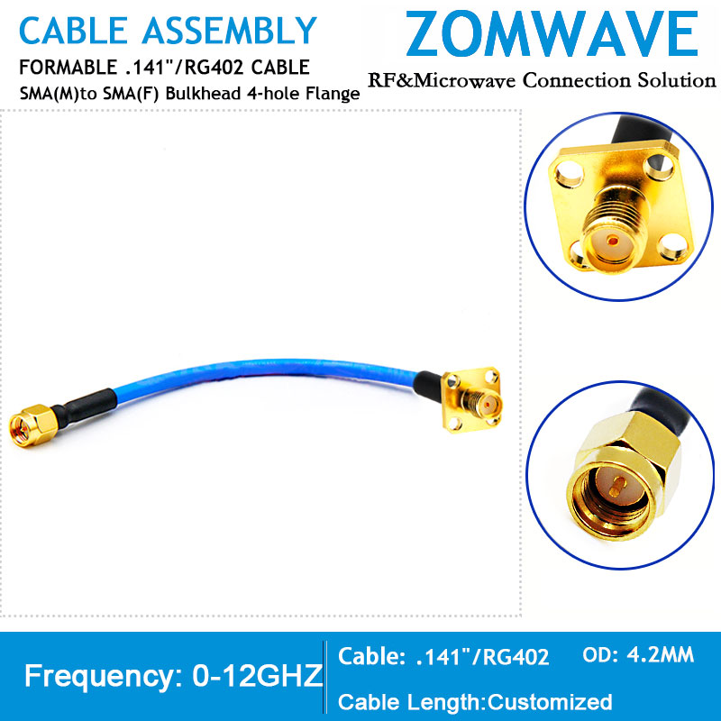 SMA Male to SMA Female Bulkhead 4-hole Flange, Formable .141''/RG402 Cable, 12GH