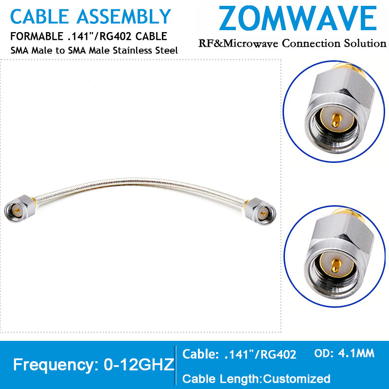 SMA Male to SMA Male,Stainless Steel, Formable .141''RG402 Cable no Jacket, 12G