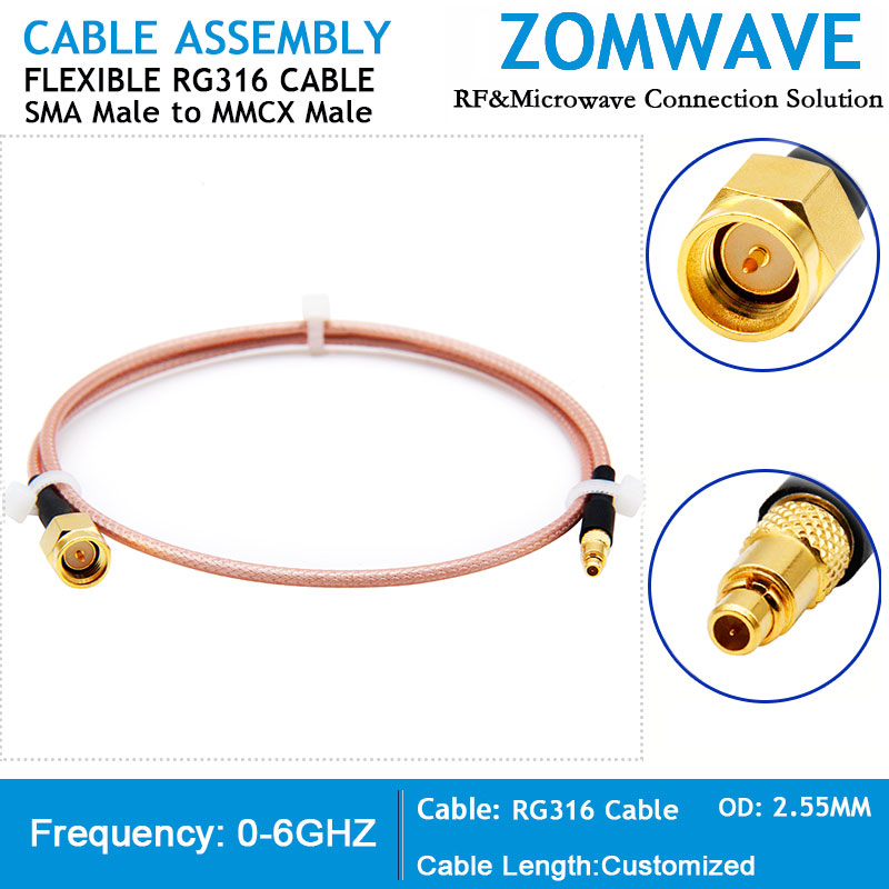 SMA Male to MMCX Male, RG316 Cable, 6GHz