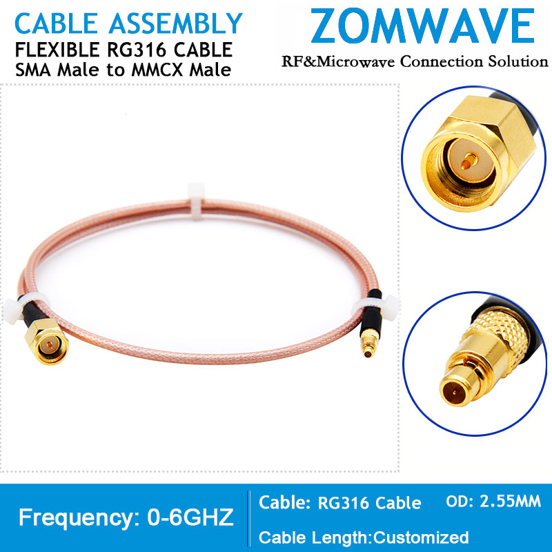 SMA Male to MMCX Male, RG316 Cable, 6GHz