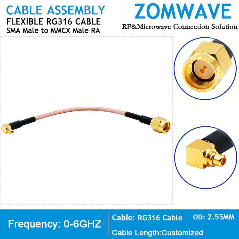 SMA Male to MMCX Male Right Angle, RG316 Cable, 6GHz