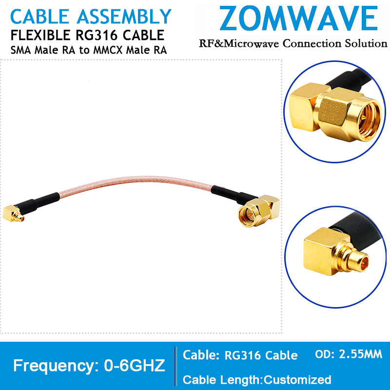 SMA Male Right Angle to MMCX Male Right Angle, RG316 Cable, 6GHz
