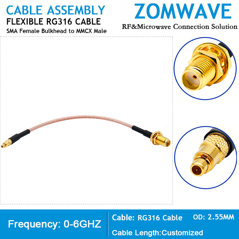 SMA Female Bulkhead to MMCX Male, RG316 Cable, 6GHz