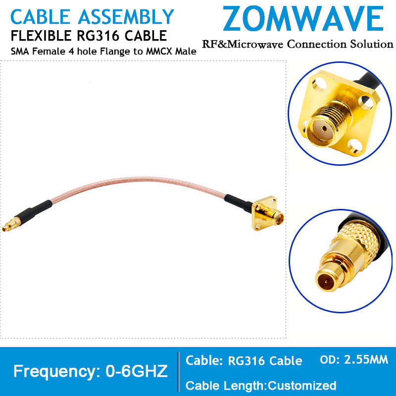 SMA Female 4 hole Flange to MMCX Male, RG316 Cable, 6GHz