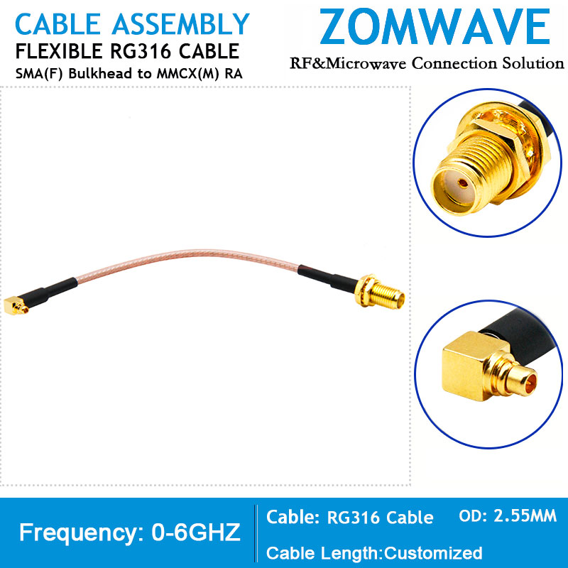 SMA Female Bulkhead to MMCX Male Right Angle, RG316 Cable, 6GHz