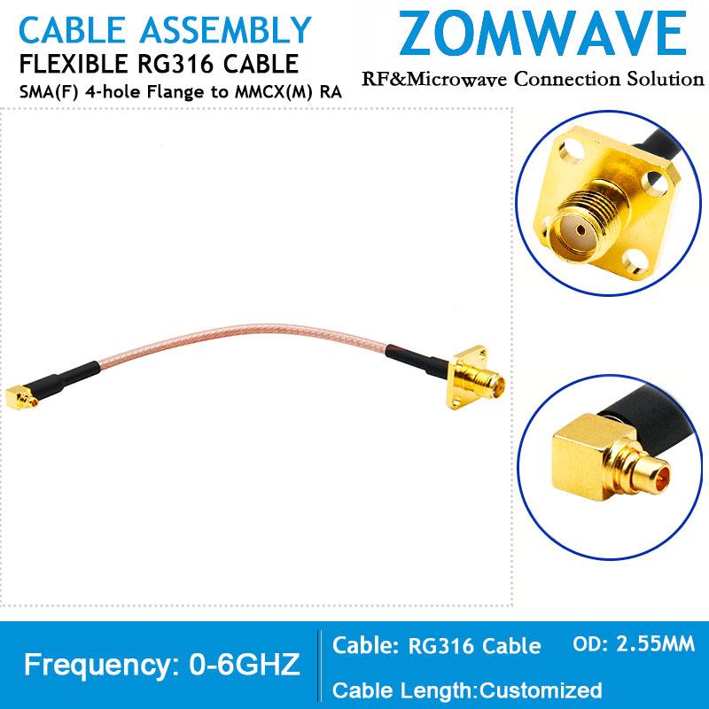 SMA Female 4 hole Flange to MMCX Male Right Angle, RG316 Cable, 6GHz