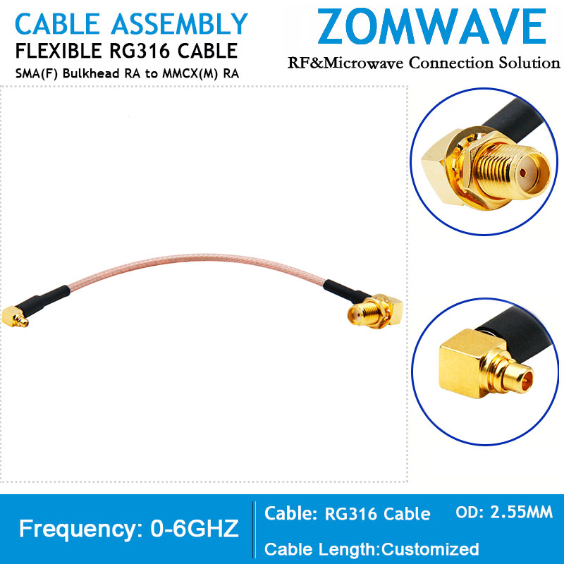 SMA Female Bulkhead Right Angle to MMCX Male Right Angle, RG316 Cable, 6GHz