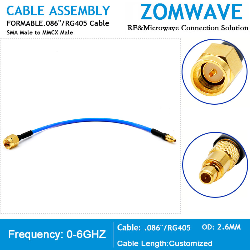 SMA Male to MMCX Male, Formable .086''_RG405 Cable, 6GHz