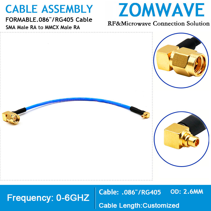 SMA Male Right Angle to MMCX Male Right Angle, Formable .086''_RG405 Cable, 6GHz
