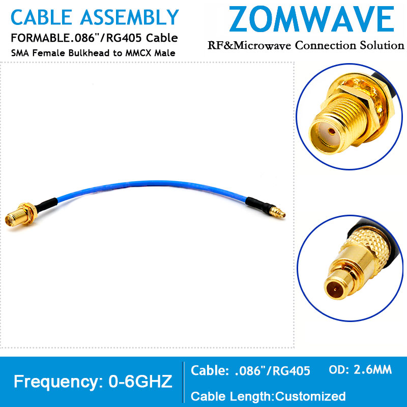 SMA Female Bulkhead to MMCX Male, Formable .086''_RG405 Cable, 6GHz