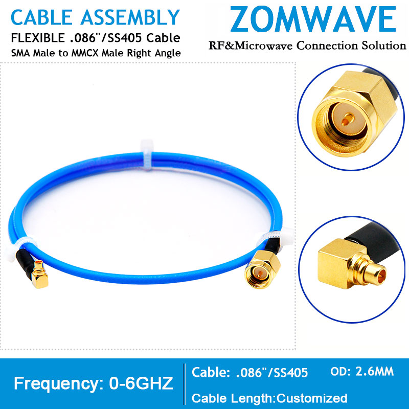 SMA Male to MMCX Male Right Angle, Flexible .086''_SS405 Cable, 6GHz